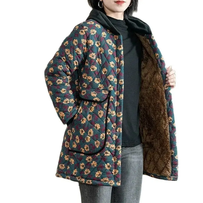 Mom's Winter New Velvet Cotton-Padded Clothes For Middle-Aged And Elderly Women Hooded Medium Long Thicken Keep Warm Overcoat