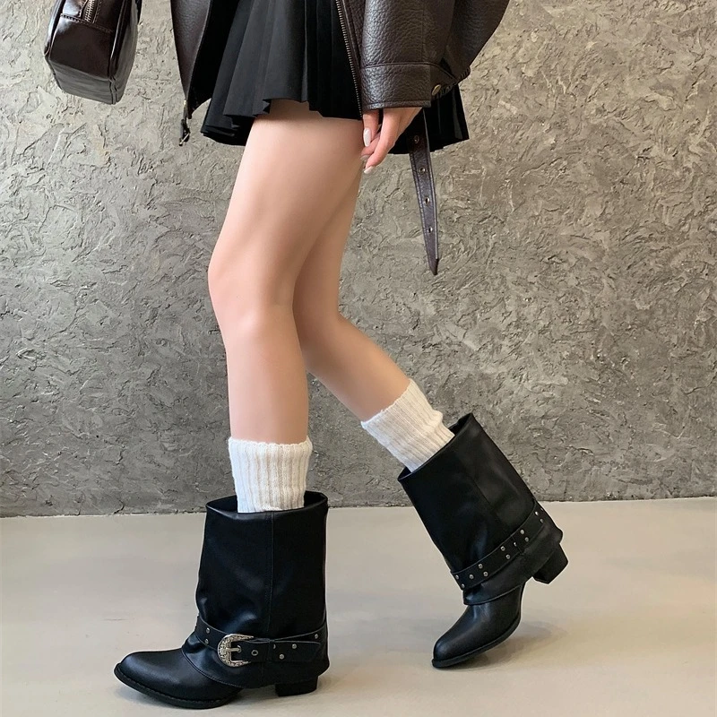 الجدة مشبك برشام الديكور حذاء من الجلد النساء موضة أشار تو أحذية رعاة البقر الغربية مريحة مقاوم للماء منصة الأحذية #2