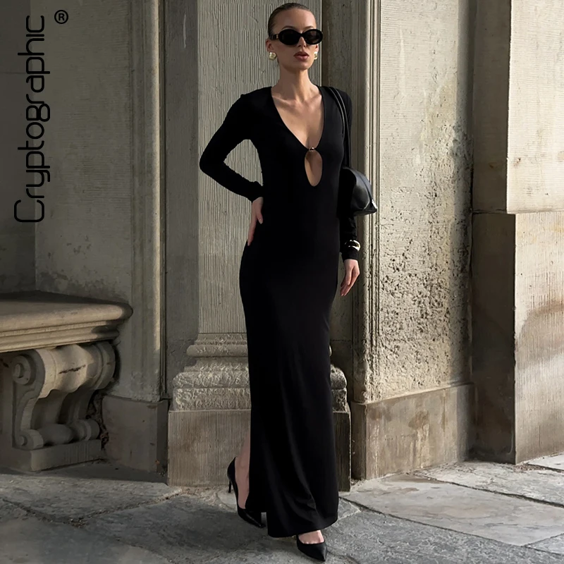 

Cryptographic Elegant Front Cut Out Black Long Dress for Women Party Club Fall Outfits Sexy Deep V Neck Backless Split Dresses