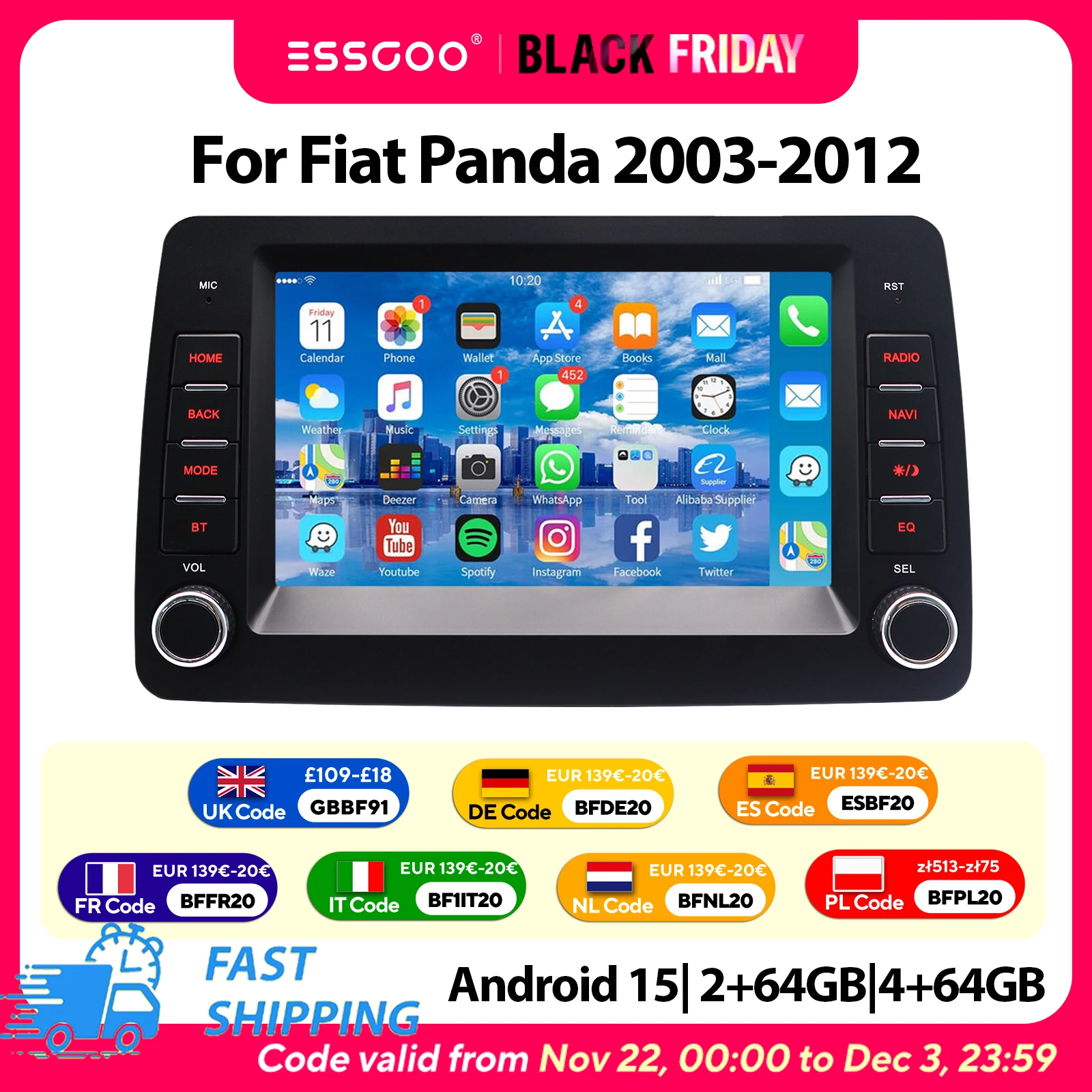 7 "Android 15 Carplay 4 + 64GB Radio Multimedia DAB + Für Fiat Panda 2003 2004 2005 2006 2007-2012 Auto Video Stereo Navigation SWC
