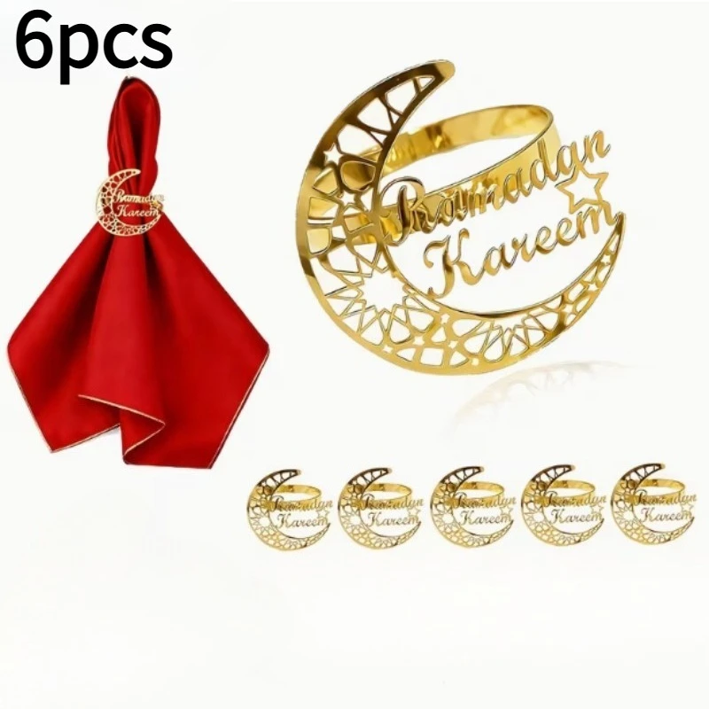 

6pcs Ramadan Kareem Napkin Rings - Islamic Eid Party Decorations with Golden Islamic Calligraphy & Arabic Script,Table Setting