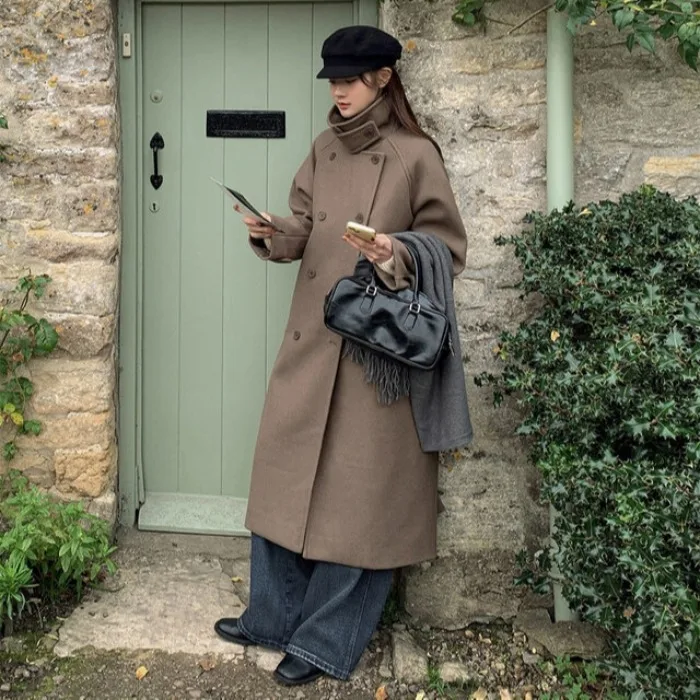 

Women's Chic Winter Vintage Briti Sle Loose Woolen Coat Double Row Button Turn-down Collar High-ade Sensation Coat