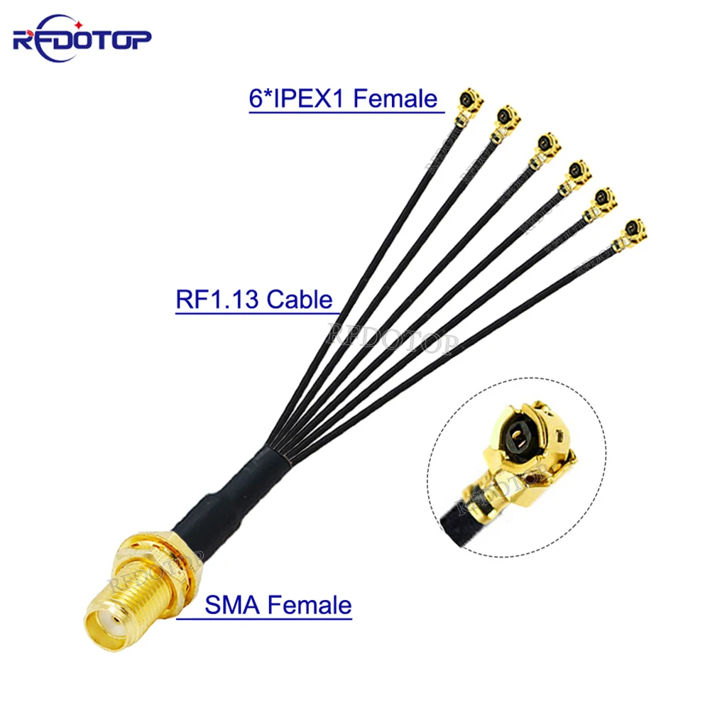 1PCS SMA to 6  Splitter SMA Female to 6 x 1 Female Connector RG178/ RF1.13 Cable WIFI Antenna Extension Jumper Pigtail