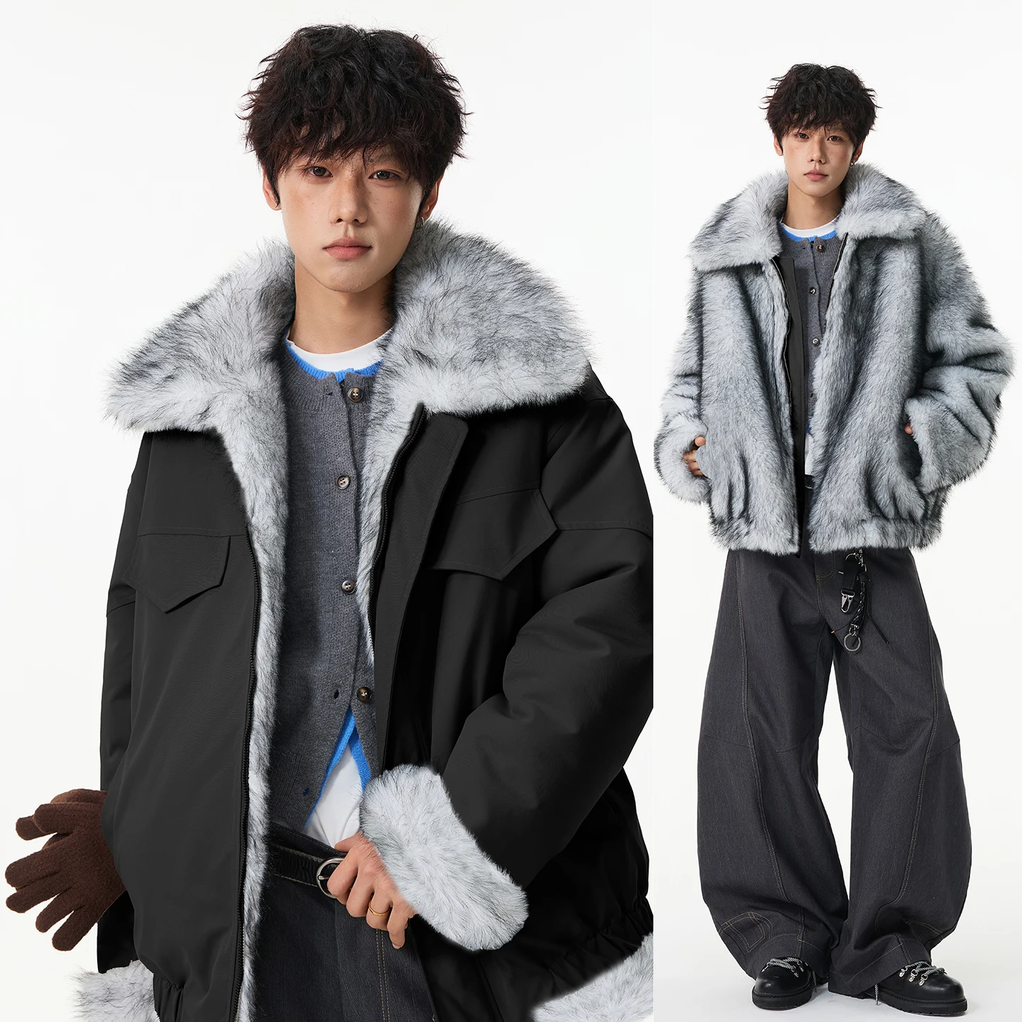 

Cleanfit Double-Sided Wearable Parka Coat Mountain Eagle Cotton Jaet Men's Winter Thiened American Mink Velvet Cotton Clo...