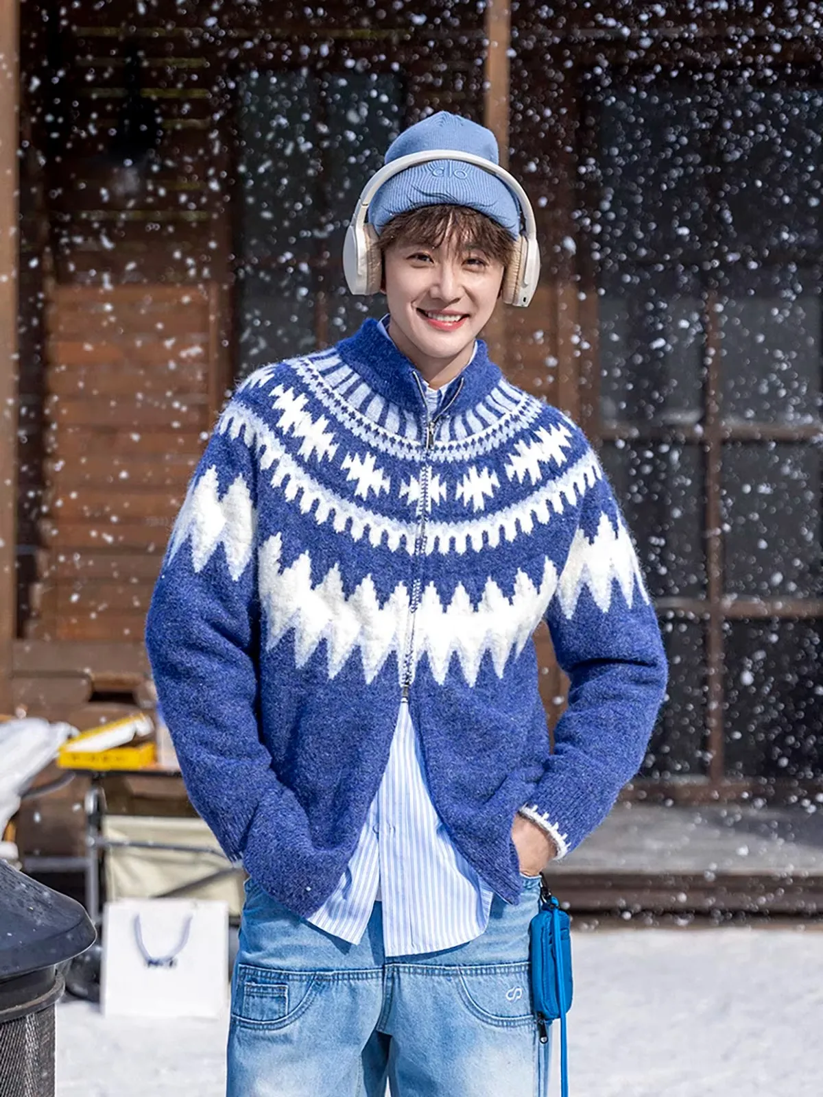 

Вязаный кардиган в стиле ретро с геометрическим узором Fair Isle, синий, корейский стиль, зимний, теплый, повседневный, с длинными рукавами