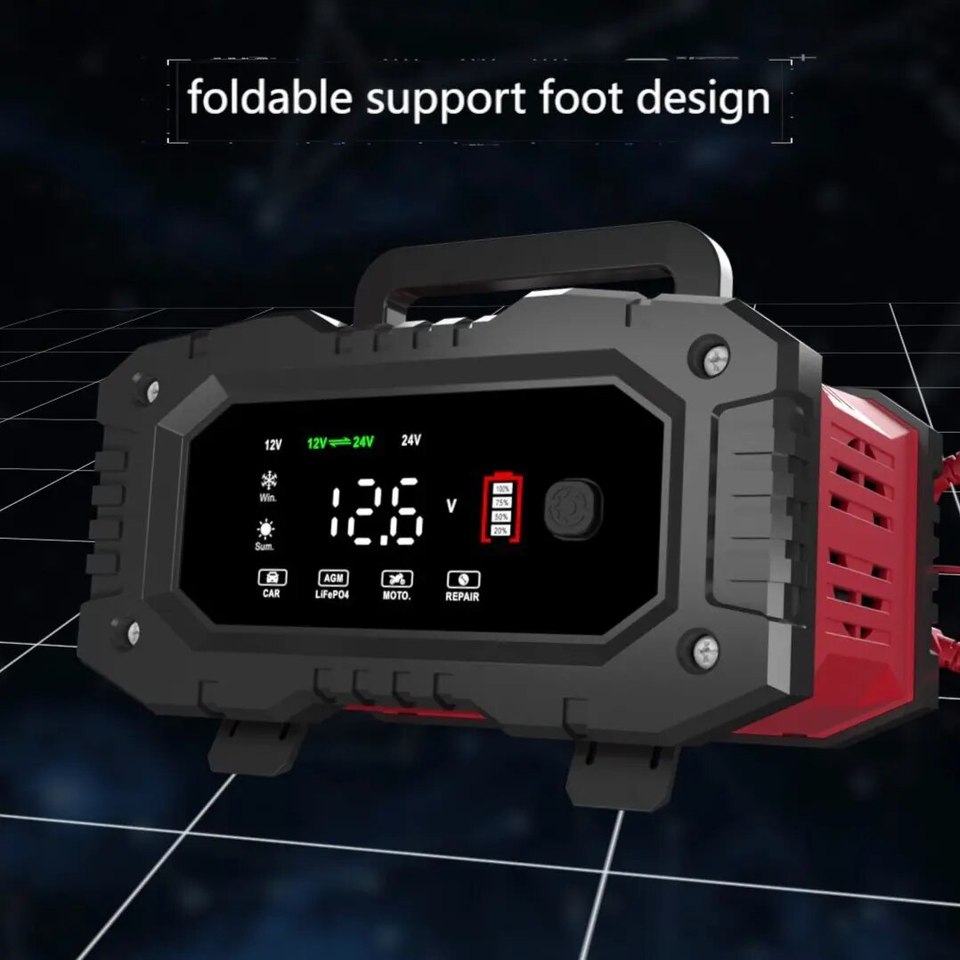  FOXSUR 20A/10A Car Motorcycle Battery Charger 12V/24V Smart Charger Lithium AGM GEL Lead-Acid LiFePO4 Battery Chargers 