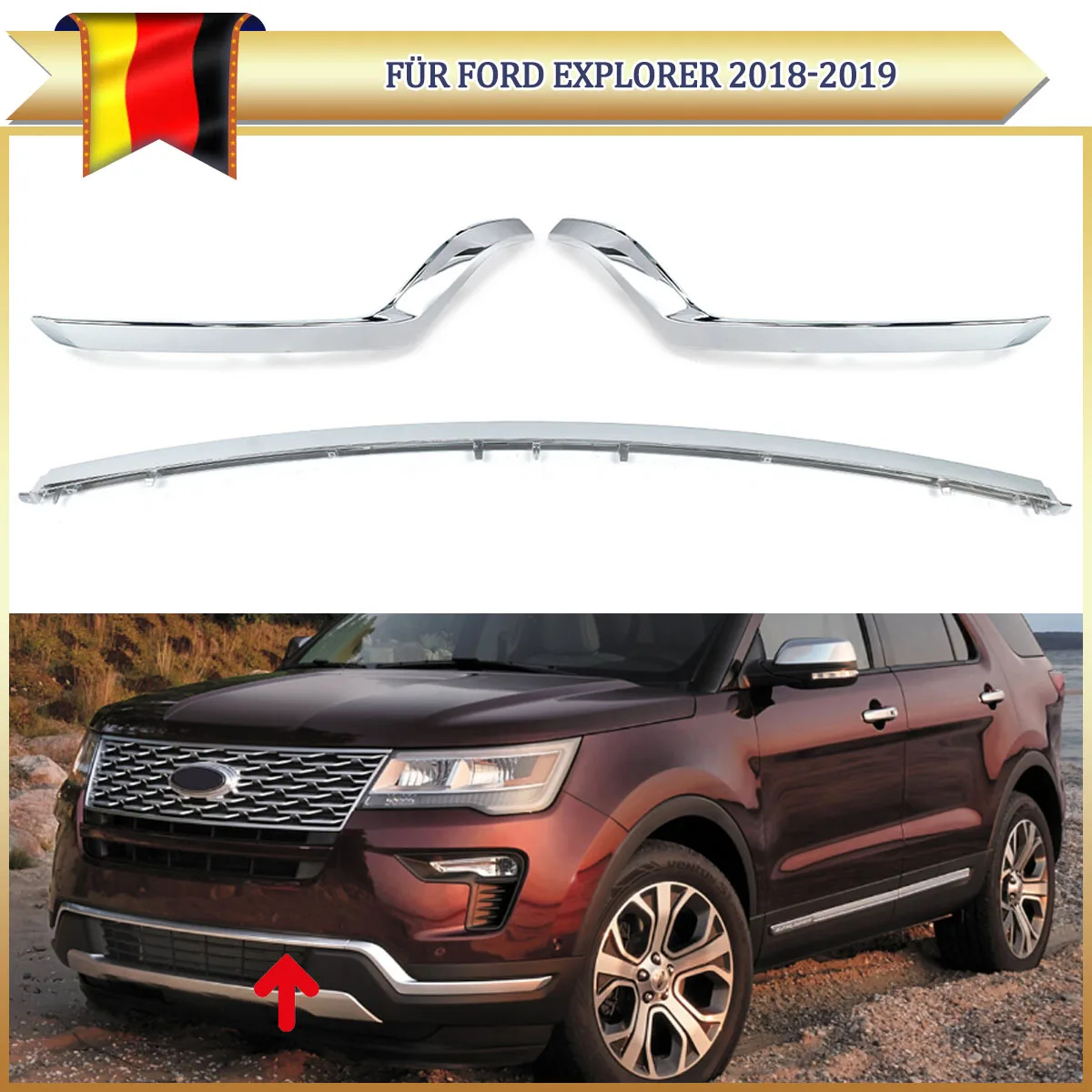 Frontstoßstangen-Spoiler-Zierleisten-Sets für Ford Explorer 2018 2019 Frontstoßstangen-Zierleisten Links+Rechts+Mitte 3-teilig Chrom-Dekorteile ABS