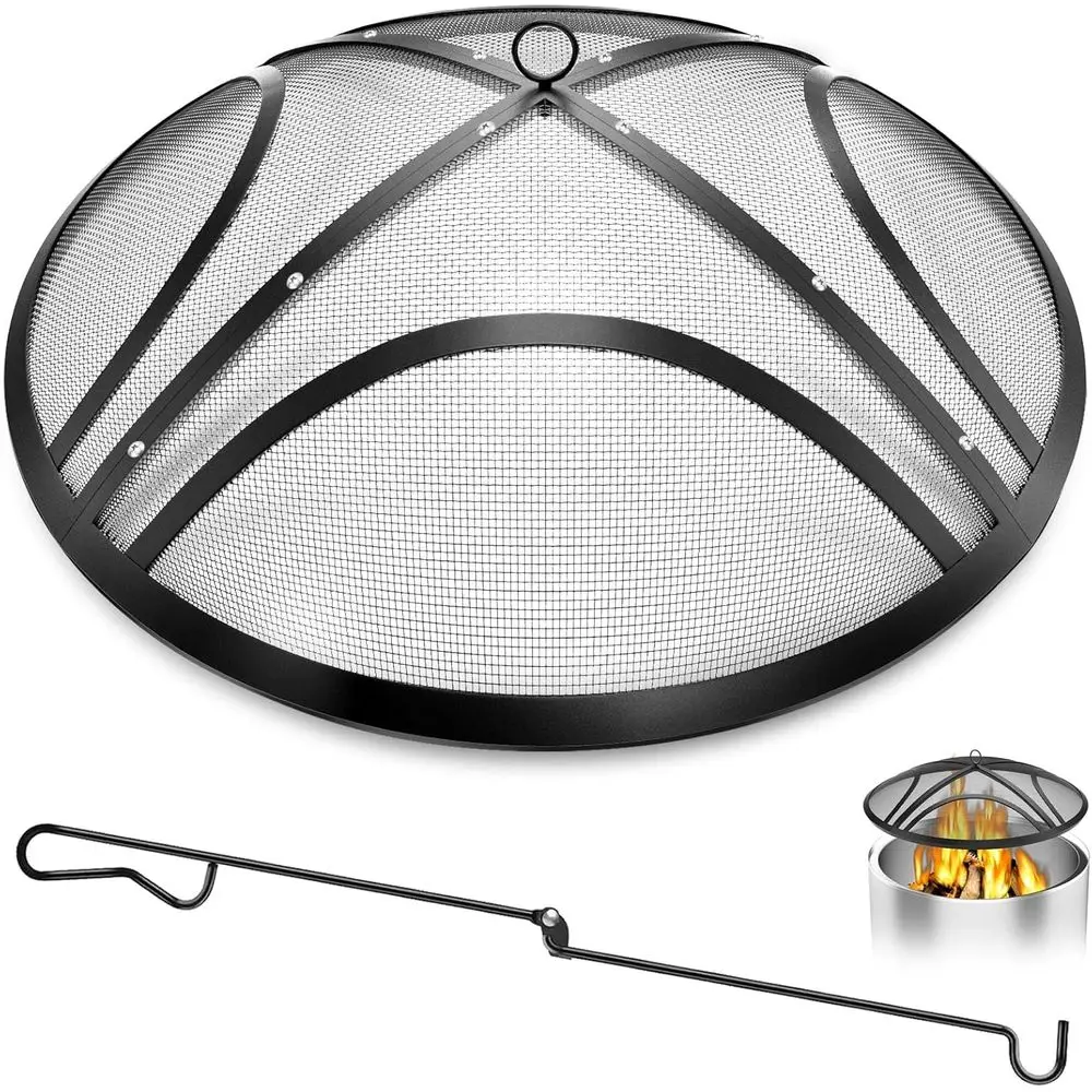 

40 Outdoor Fire Pit Mesh Cover with Handle and Poker, Heavy-Duty Steel, Ideal for Backyard, Beach, RV Camping