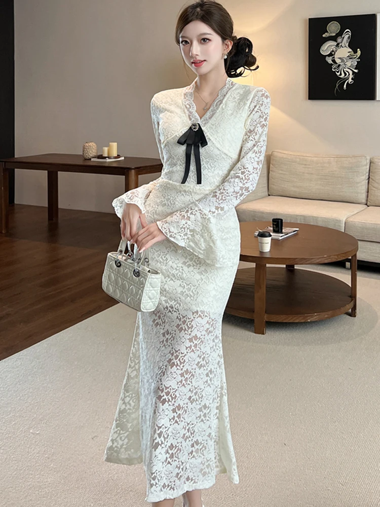 

Элегантное французское женское милое тонкое вечернее платье миди с v-образным вырезом и бантом, новая весенняя облегающая кружевная облегающая женская одежда с расклешенными рукавами