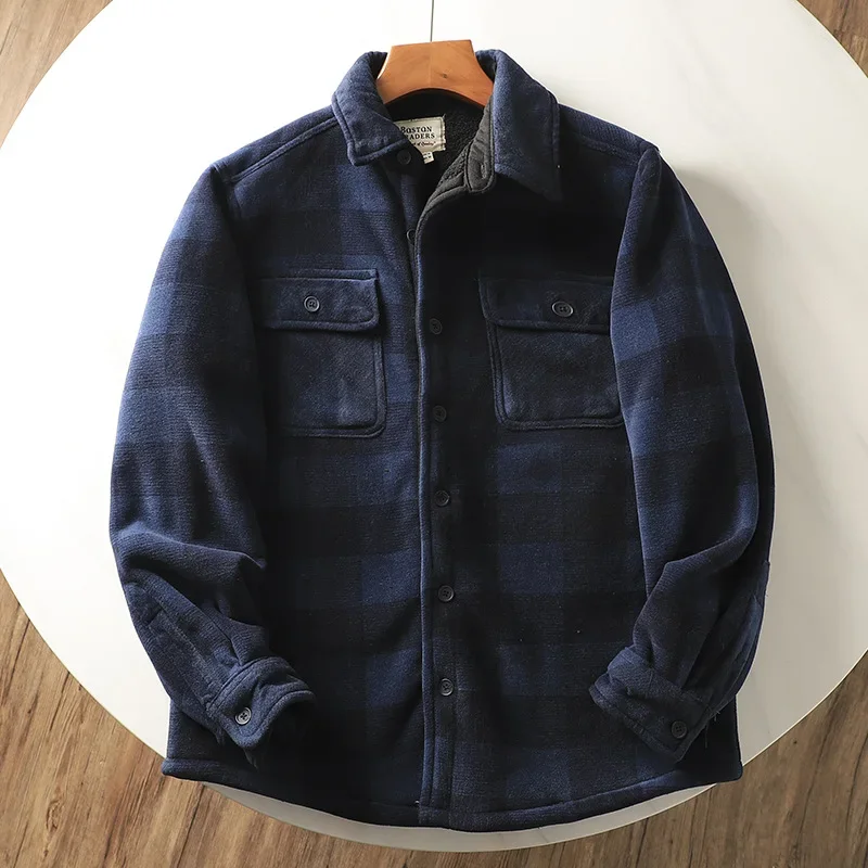 Mens Fleece Plaid Shirts Jacket Winter Casual Long Sleeve Flannel Thermal Shirt Men Streetwear Vintage Shirt Button Up