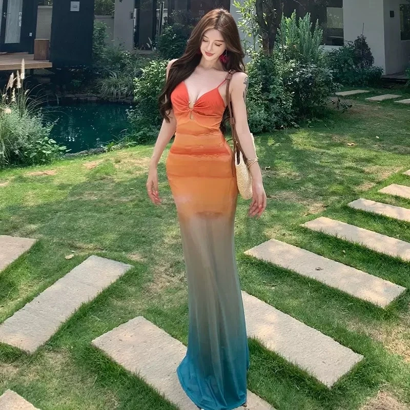 New long mesh skirt with a high-end feel, slimming hollow-out bodycon skirt, swimsuit with straps, sexy and pure desire style, h