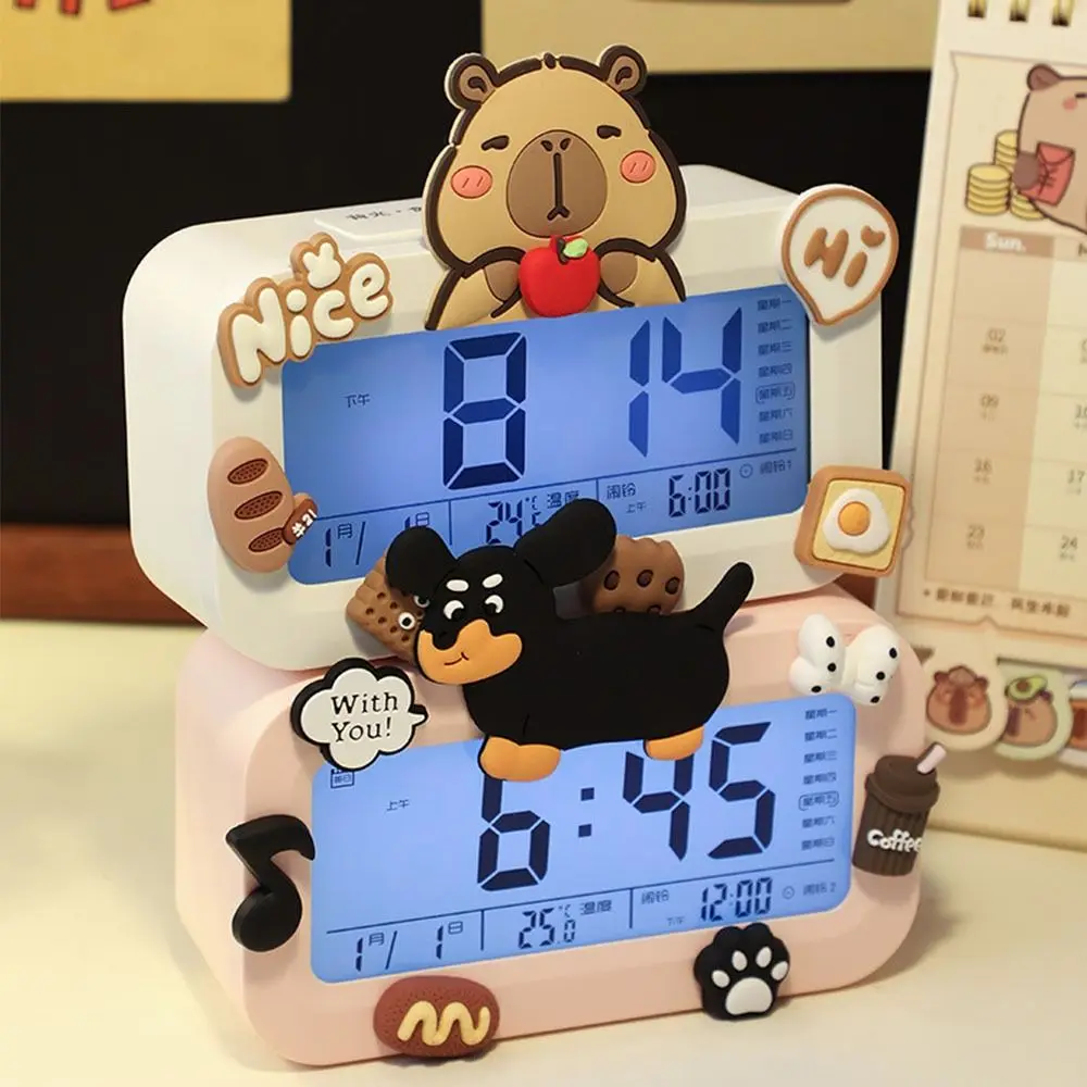 Cartoon Capibara Mini Digital Clock Charging Portable Student Clock Display Temperature&Humidity Alarm Clock