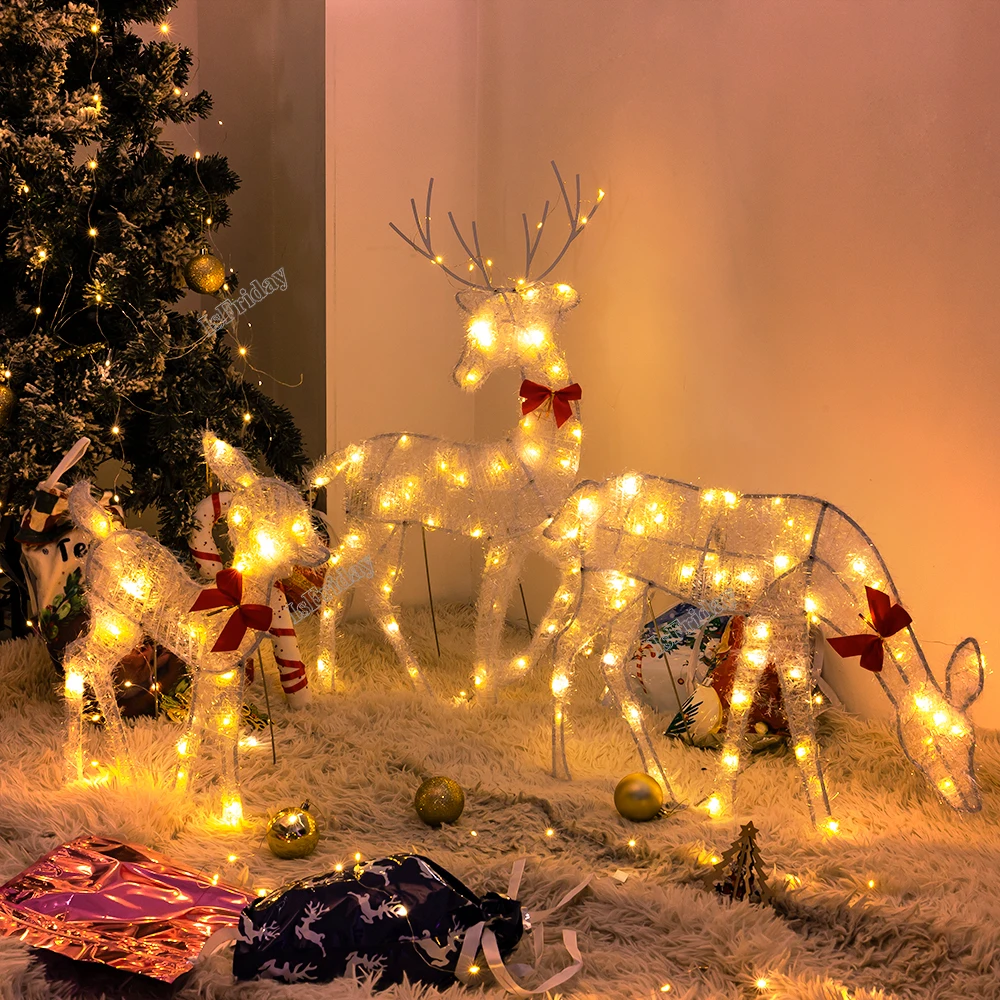 

3pcs Iron Art Elk Deer Christmas Garden Decoration With LED Light Glowing Glitter Reindeer Xmas Home Outdoor Yard Ornament Decor