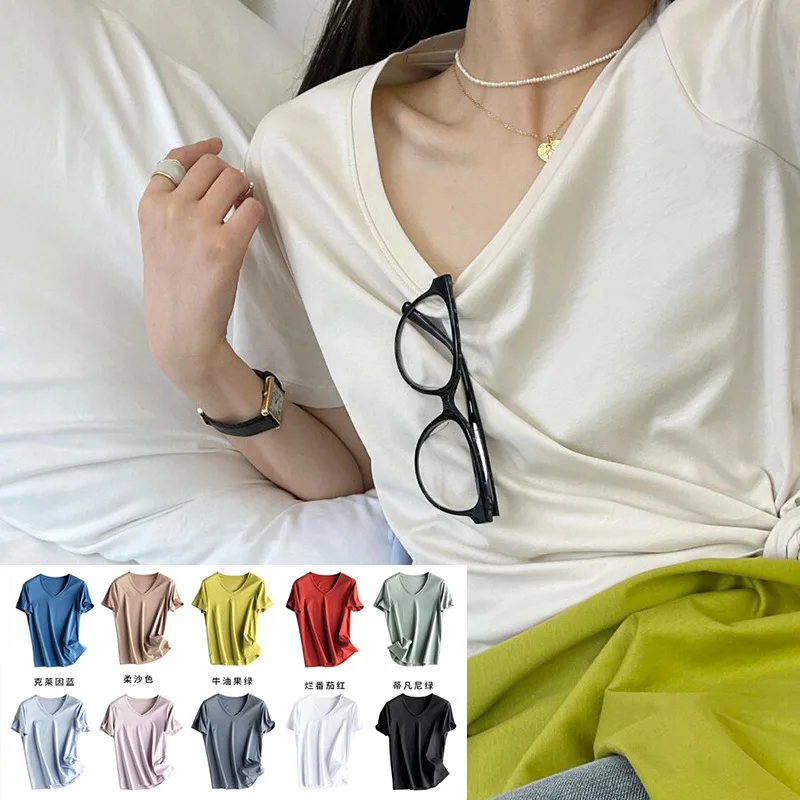 Summer Mulberry Silk Mercerized Cotton T-shirt Worsted High-count Solid Color Tees Cool Feeling Non-ironing Tops 13 Colors