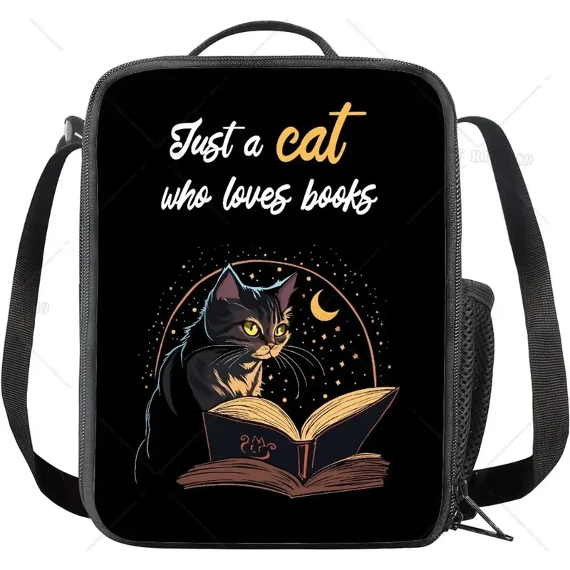 Black Cat Reading Cute Animals Cooler Lunch Bag for Girls Freezable Reusable Lunch Box Organizer with Pocket