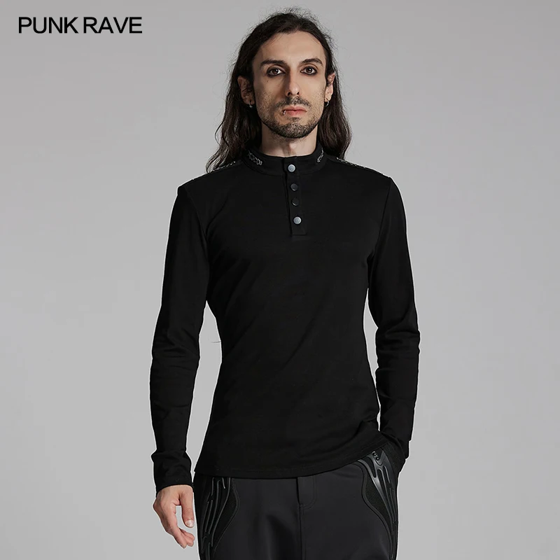 PUNK RAVE Men's Punk Simple Military T-shirt Stylish Stand Up Collar Handsome Tops 3D Retro Patterned Men Clothing Streetwear