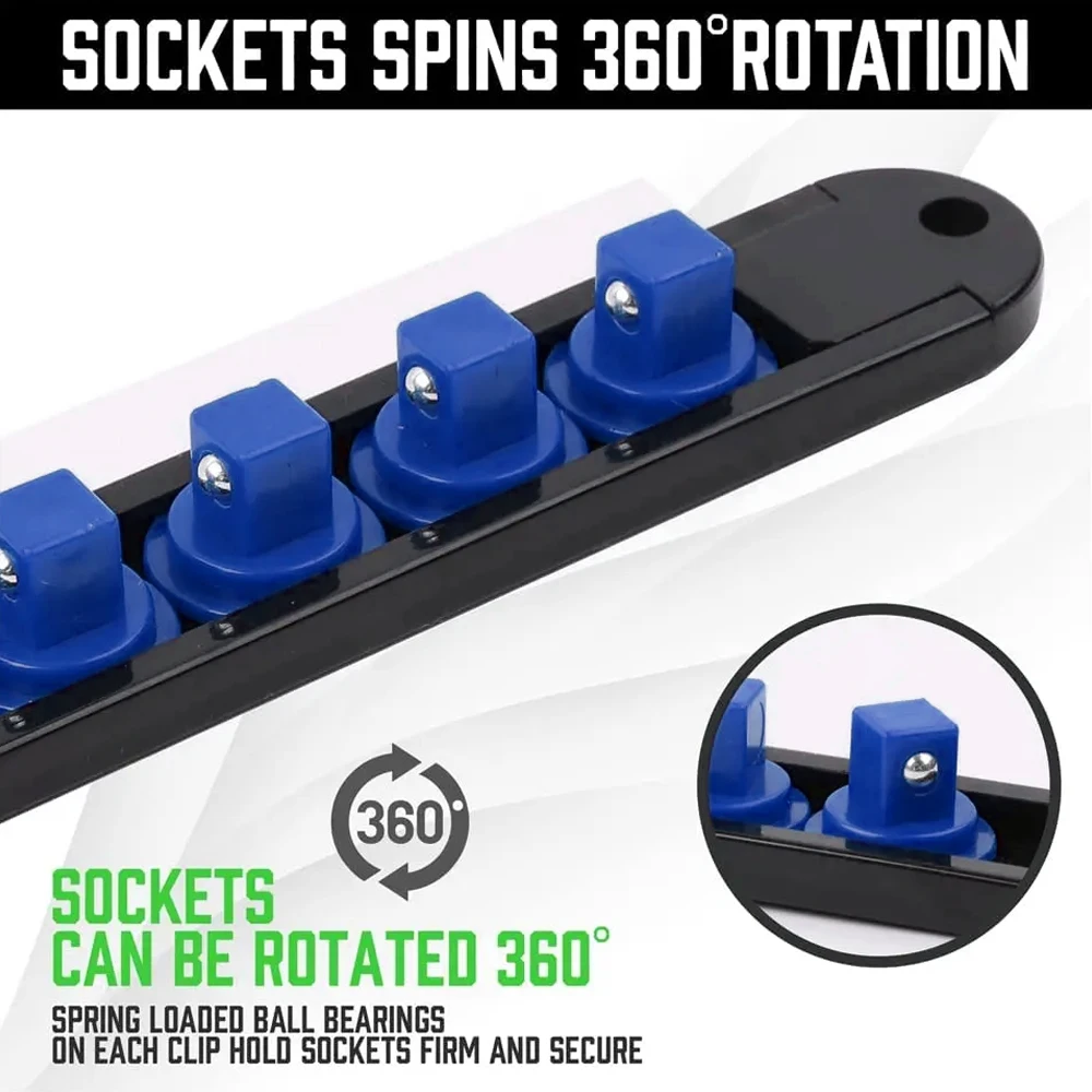ABS Socket Organizer 360° Swivel 1/4Inch 3/8Inch 1/2Inch Premium Quality Socket Clip Rail Holder socket organizer tools Blue