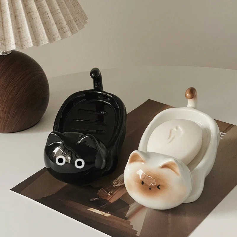 Siamese Cat Ceramic Soap Box, Simplicity, Household Creative, Cute Cartoon, Perforation-free, Small Art Drain Dish