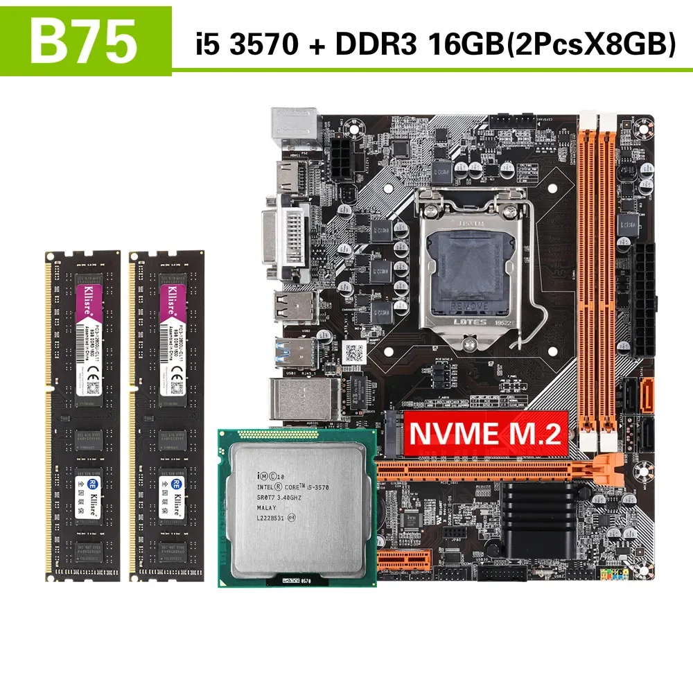 Kllisre B75 키트 마더보드 세트, 코어 I5 3570 2X8GB = 16GB 1600MHz DDR3 데스크탑 메모리 NVME M.2 USB3.0 SATA3 