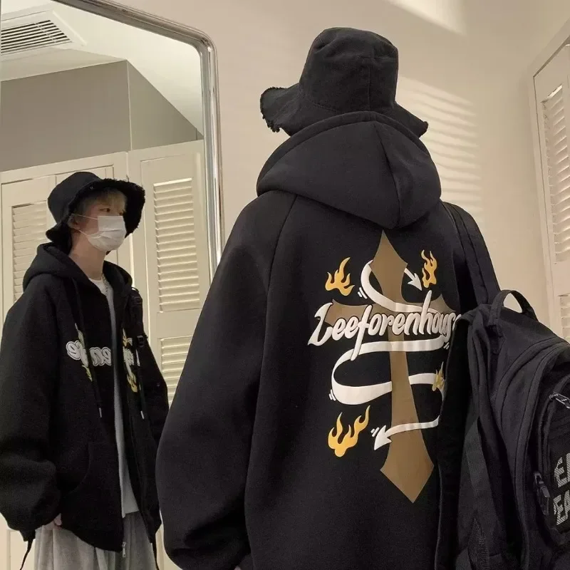 Korean Women's Streetwear Oversized Hoodies Goth Punk Cross Print Sweatshirt Loose Casual Men Unisex Autumn Y2K Clothes