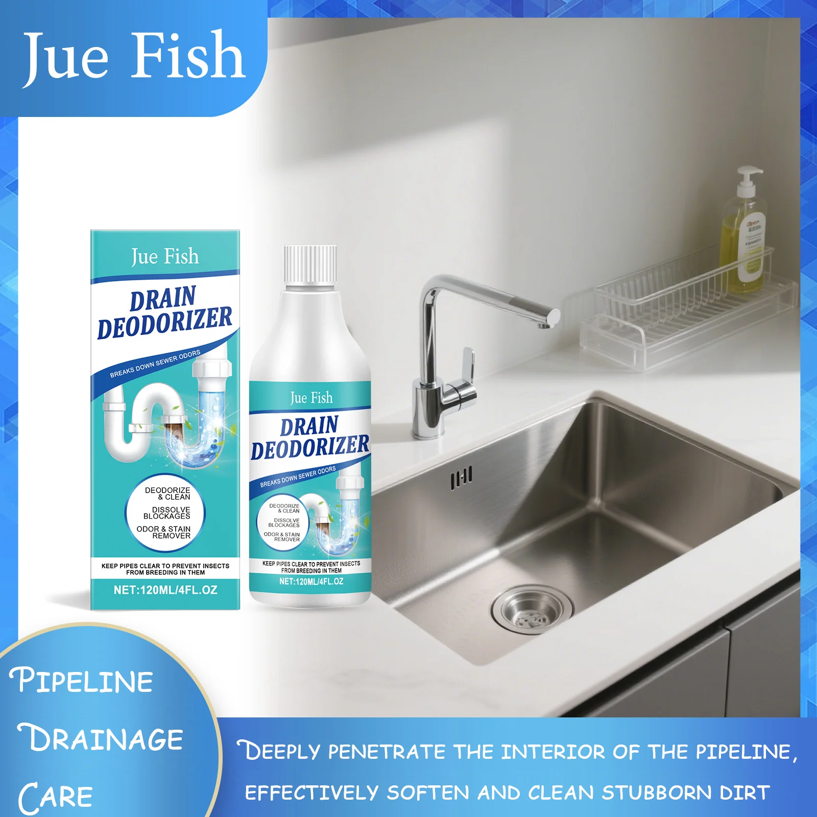 

Jue Fish Pipe Dredging Agent for Cleaning and Staining Kitchen and Bathroom Pipes, Refreshing and Smooth Cleaning Agent