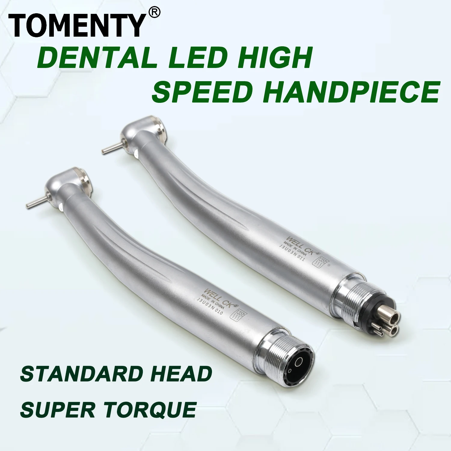 TOMENTY Dental LED High Speed Handpiece Standard Head Air Turbine E-generator Integrated Push Button Triple Water Spray 2/4 Hole