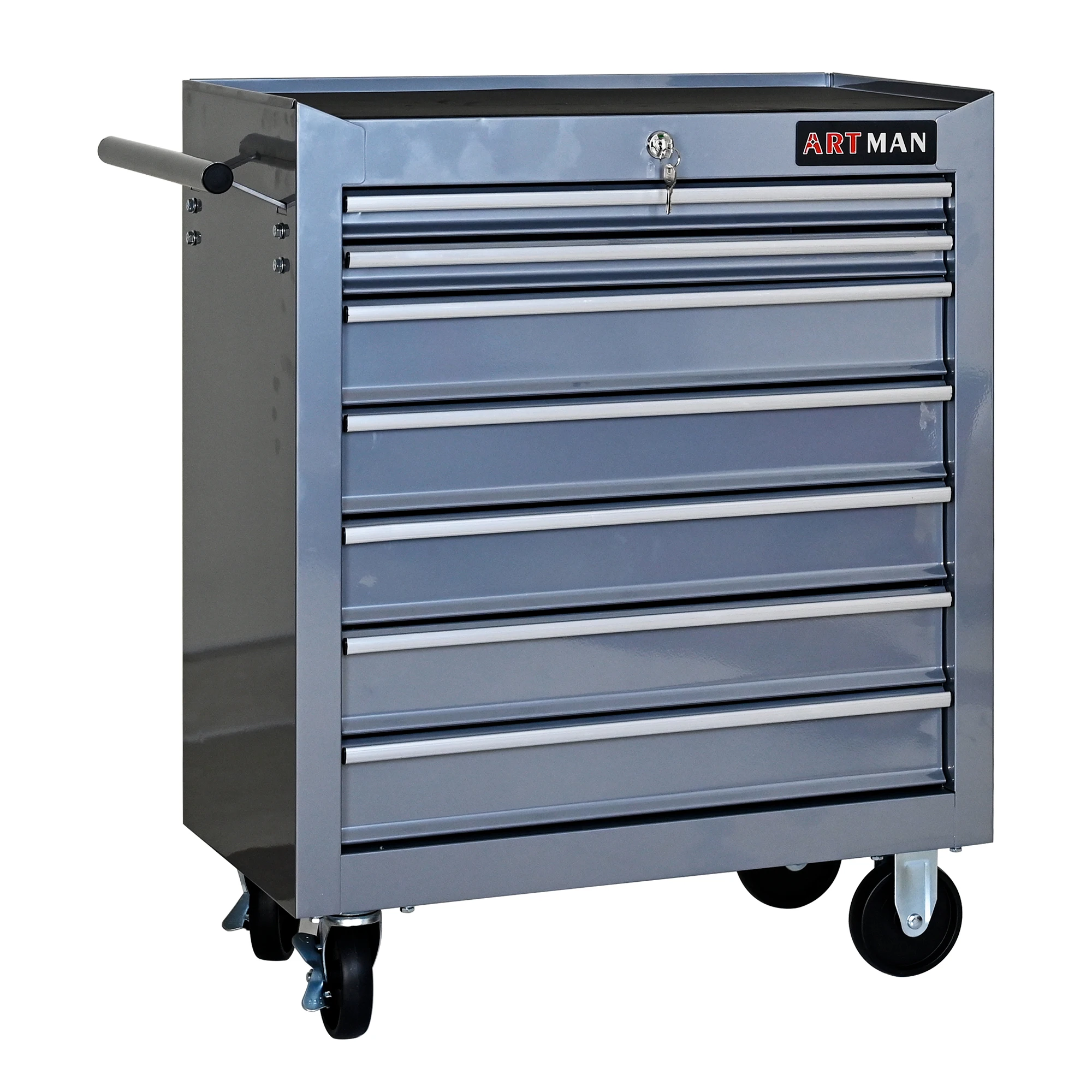Cabinet, Box, 7 Drawer Rolling Tool Box with Key Lock for Garages, Workshops, Repair Shops, silver; Steel Rolling Tool Boxes