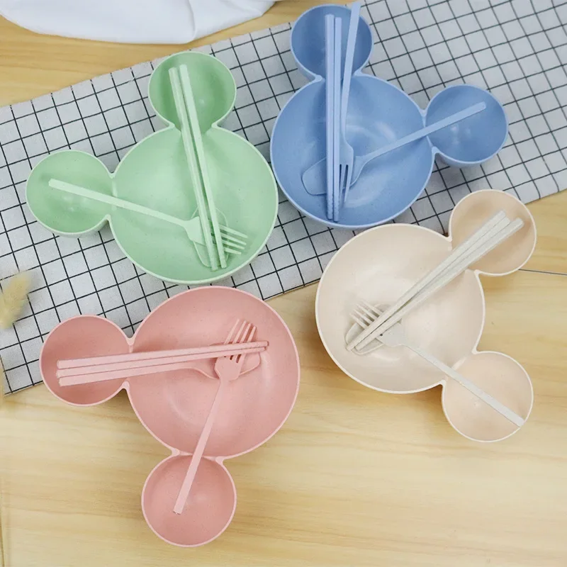 

4pcs/Set Children's Feeding Bowl Set Wheat Straw Bowl+Fork+Spoon Set Cute Cartoon Baby Tableware Anti-drop Bowl Can microwave