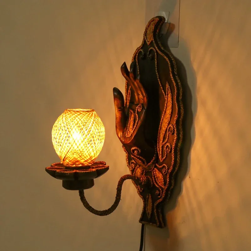 

Solid Wood Wall Lamp for Corridor and Passage, Decorative Buddha Hand, Bodhi Leaf Shape, Bamboo Weaving Lamp Shade, Lotus Base