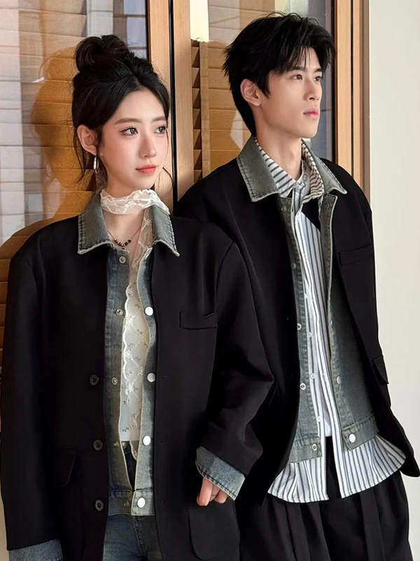 

Повседневная джинсовая куртка для мужчин, весенняя модная верхняя одежда с воротником, свободный крой, имитация двухслойности, полиэстер, нейлон