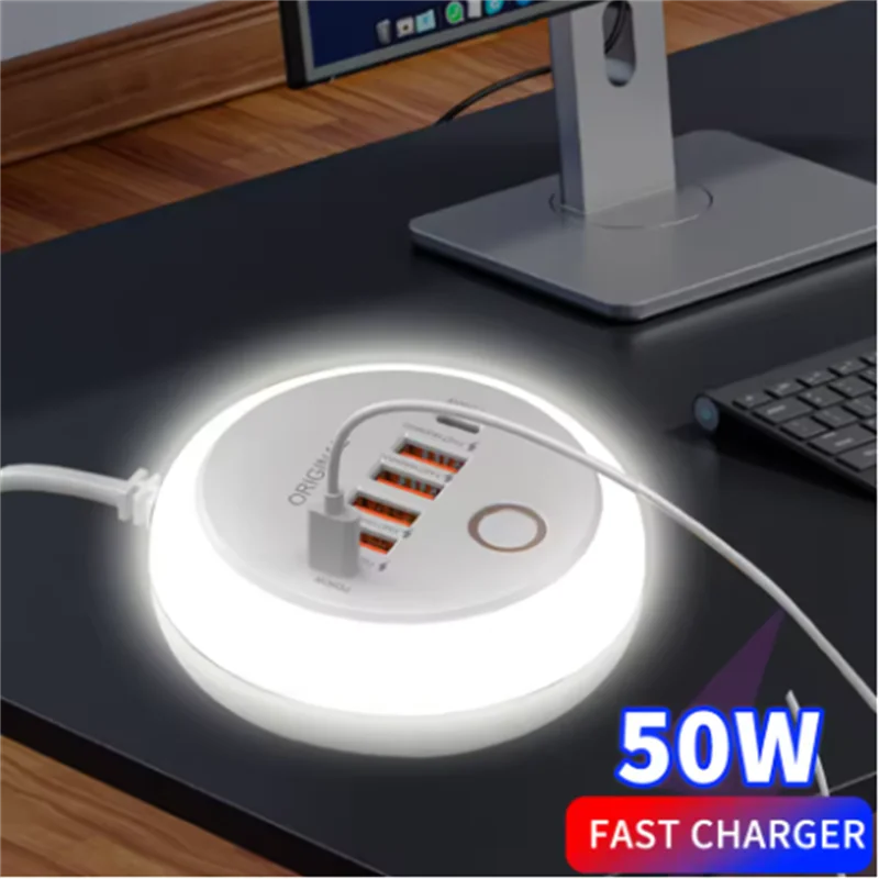 

50 Вт, 6 портов, розетка USB PD, быстрое зарядное устройство 3,0, USB-зарядное устройство, розетка со светодиодной подсветкой, зарядное устройство для телефона для iPhone16 17 Samsung