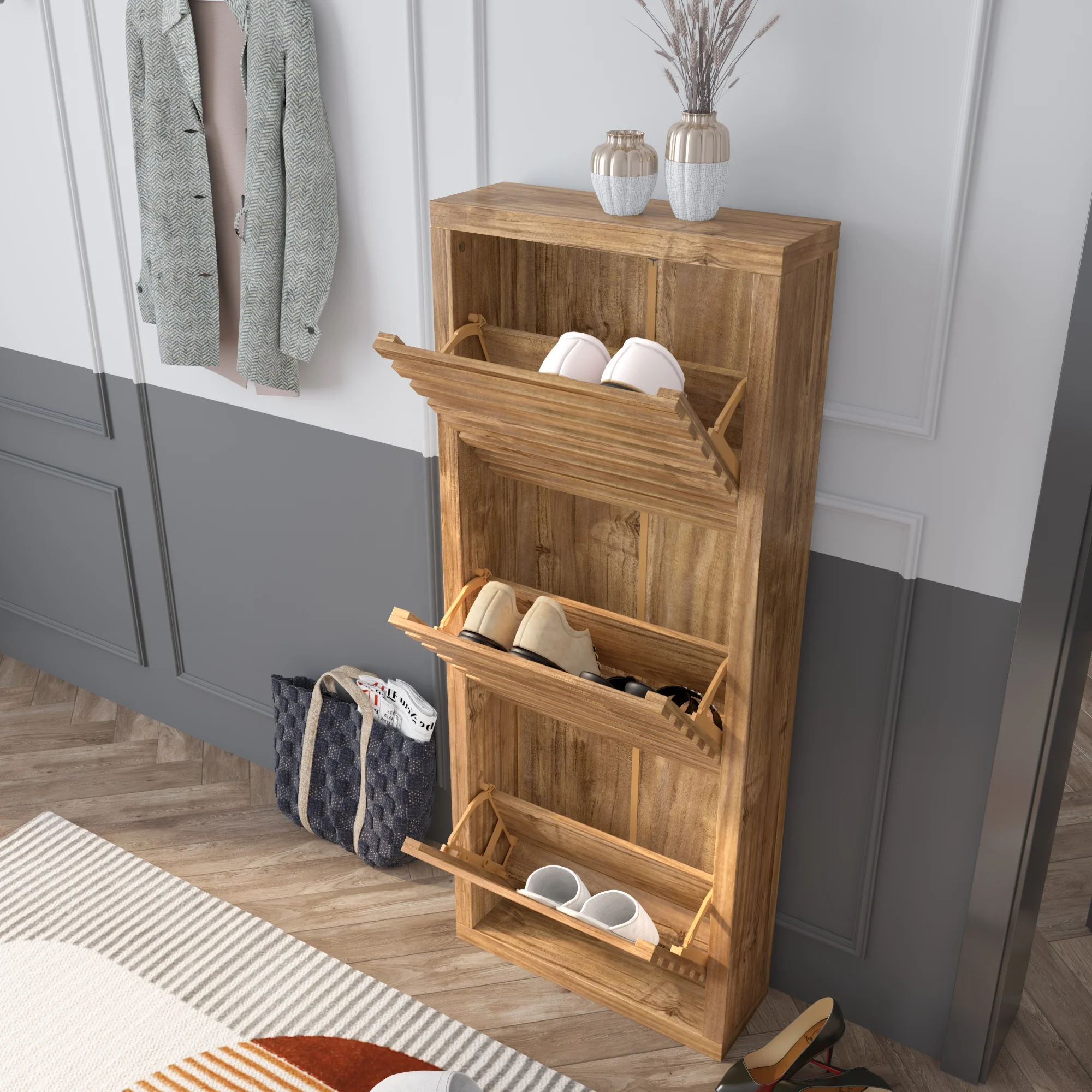 

High Quality Wooden Shoe Rack Household Practical Shutter Door Shoe Cabinet Factory Wholesale Inside Wooden Customized