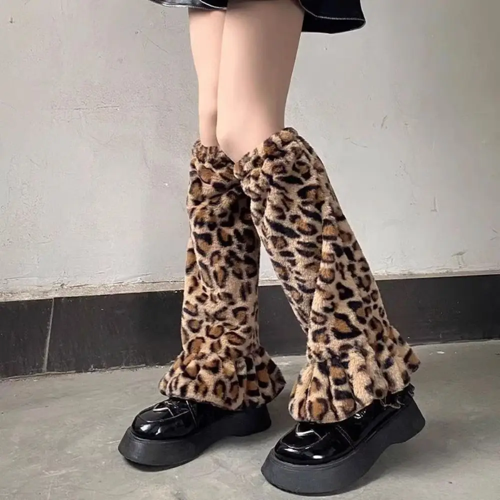 

Trendy Soft Plush Leg Warmers Ruffled Design Baggy Fit Stockings Foot Cover Leopard Print Ankle Warmer Socks Street Style