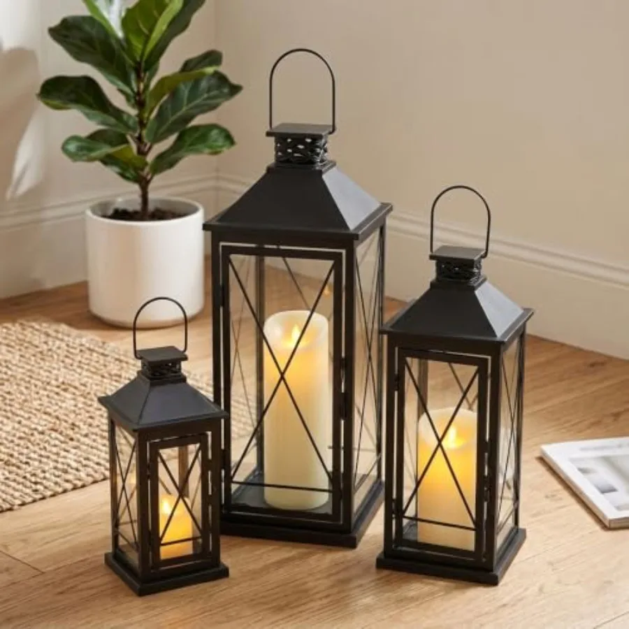 Set of 3 decorative candle lanterns 19'', 14'', 9'' H for indoor/outdoor use, black metal with tempered glass, elegant home dec