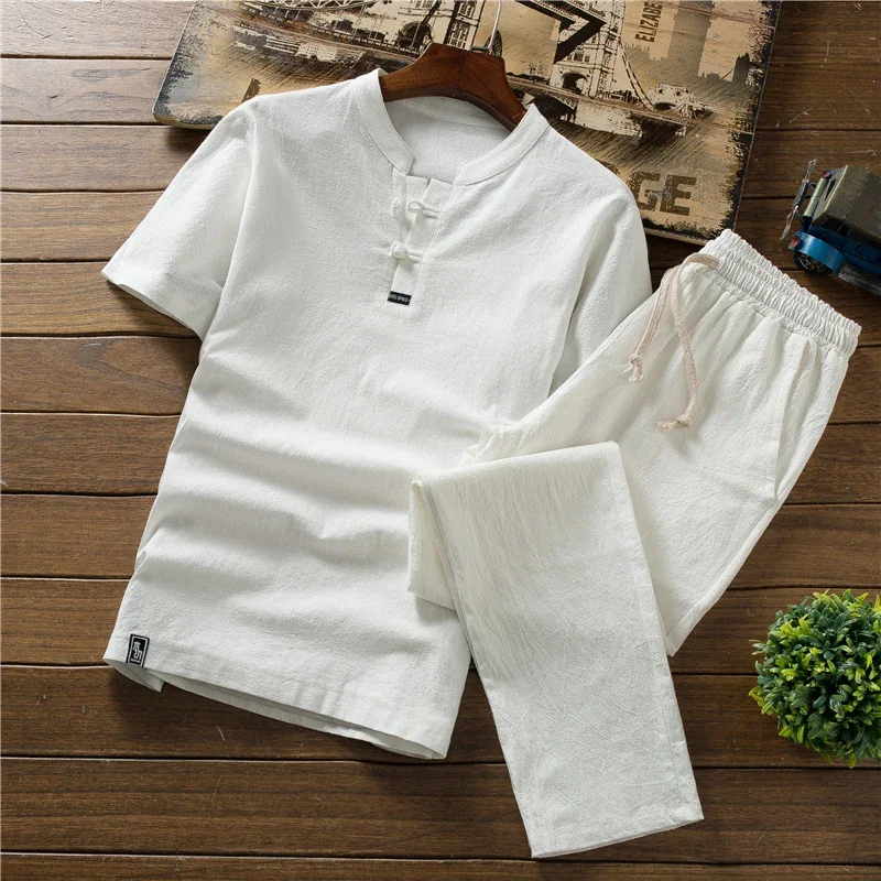 Men\'s High Quality Summer Comfortable Pure Cotton+Linen Sets Thin T-shirt+pants Men Loose breathable Shirt + trousers Size M-5XL