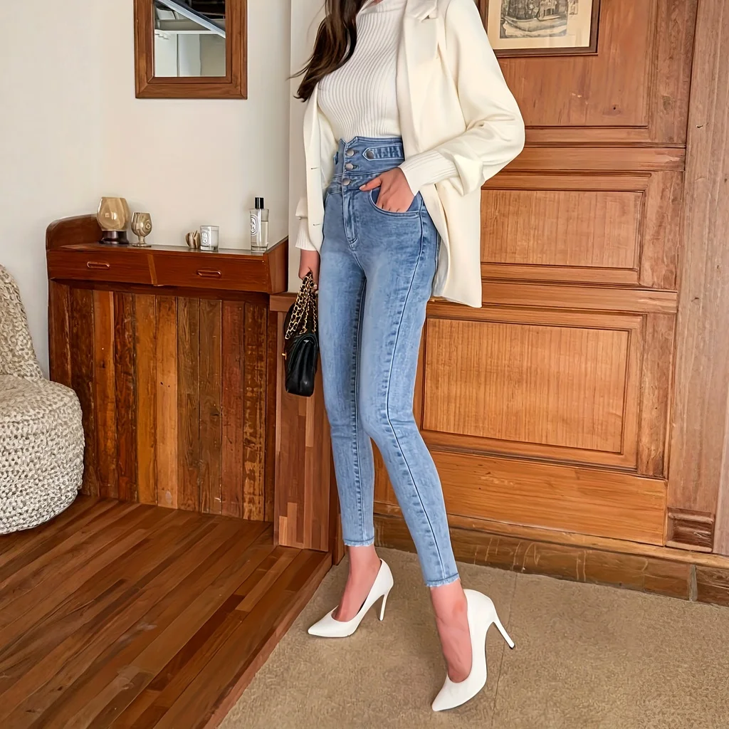 Women's Y2K High Waist Fleece Lined Jeans Multi-Button Slim Fit Denim Pants Vintage Elegant Wash Single Row