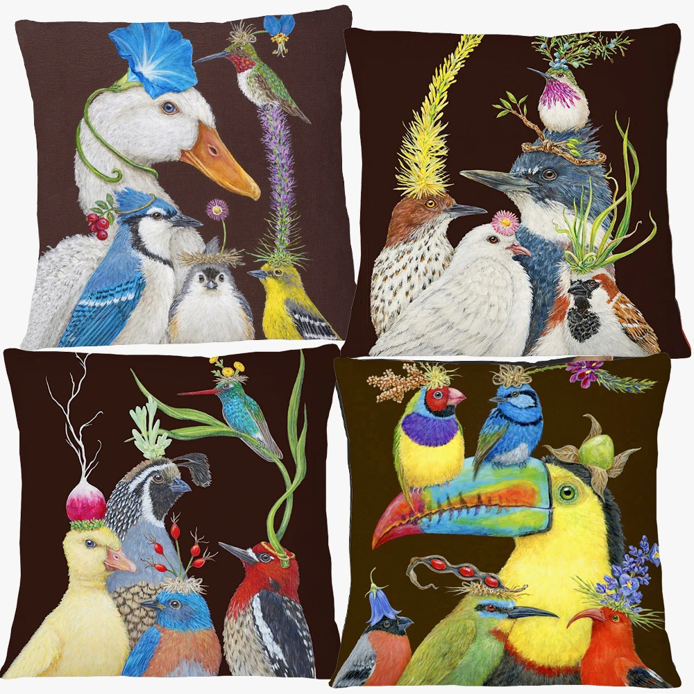 Oil Painting Rustic Farm Animals Flowers Cushion Covers Duck Hen Bird Toucan Squirrel Print Pillow Case