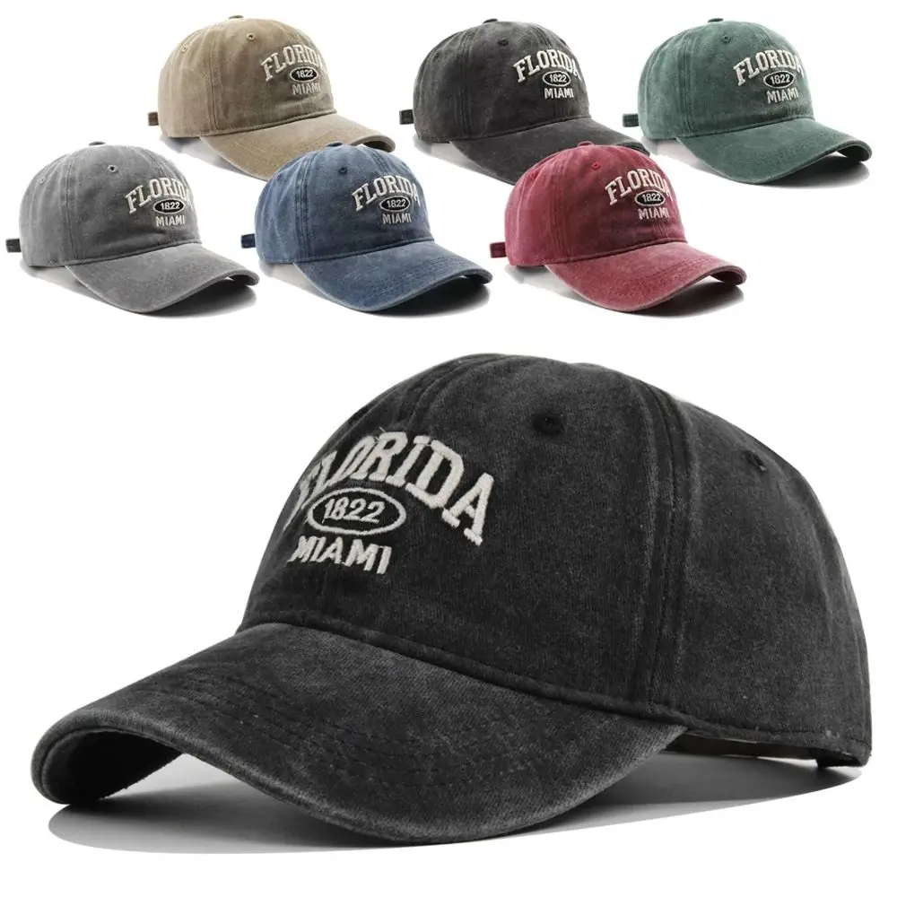 FLORIDA Embroidery Baseball Caps Gothic Street Punk Adjustable Distressed Faded Cap Hip-hop Washed Baseball Hats