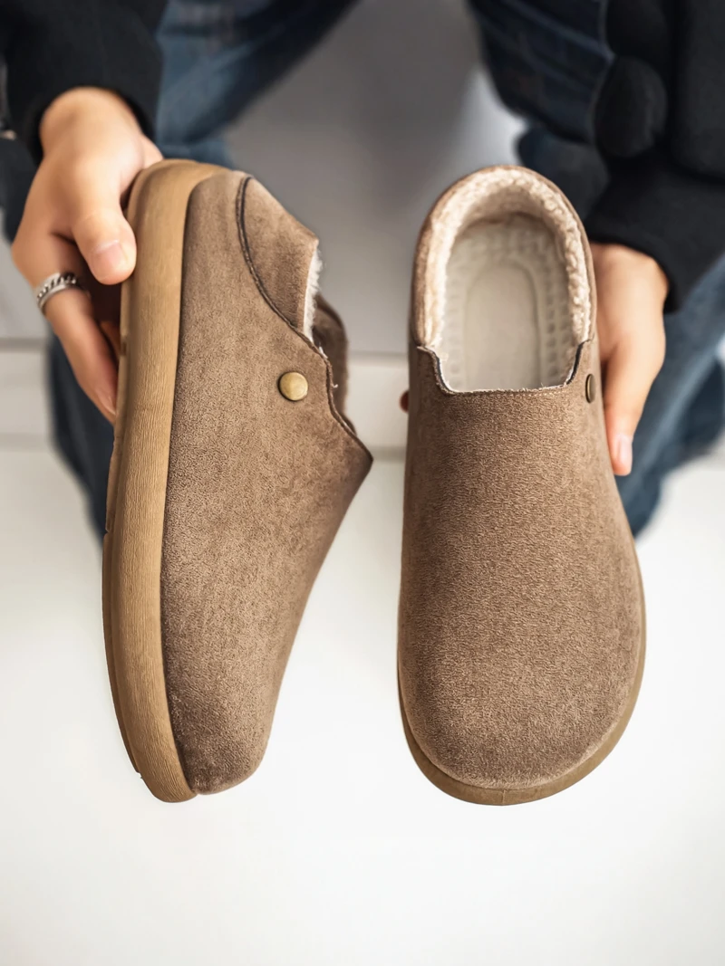 

Men's Cotton Slippers Winter Warm Fleece Lined Casual Home Wear Full Cover Style Slip-On Shoes Rubber Outsole