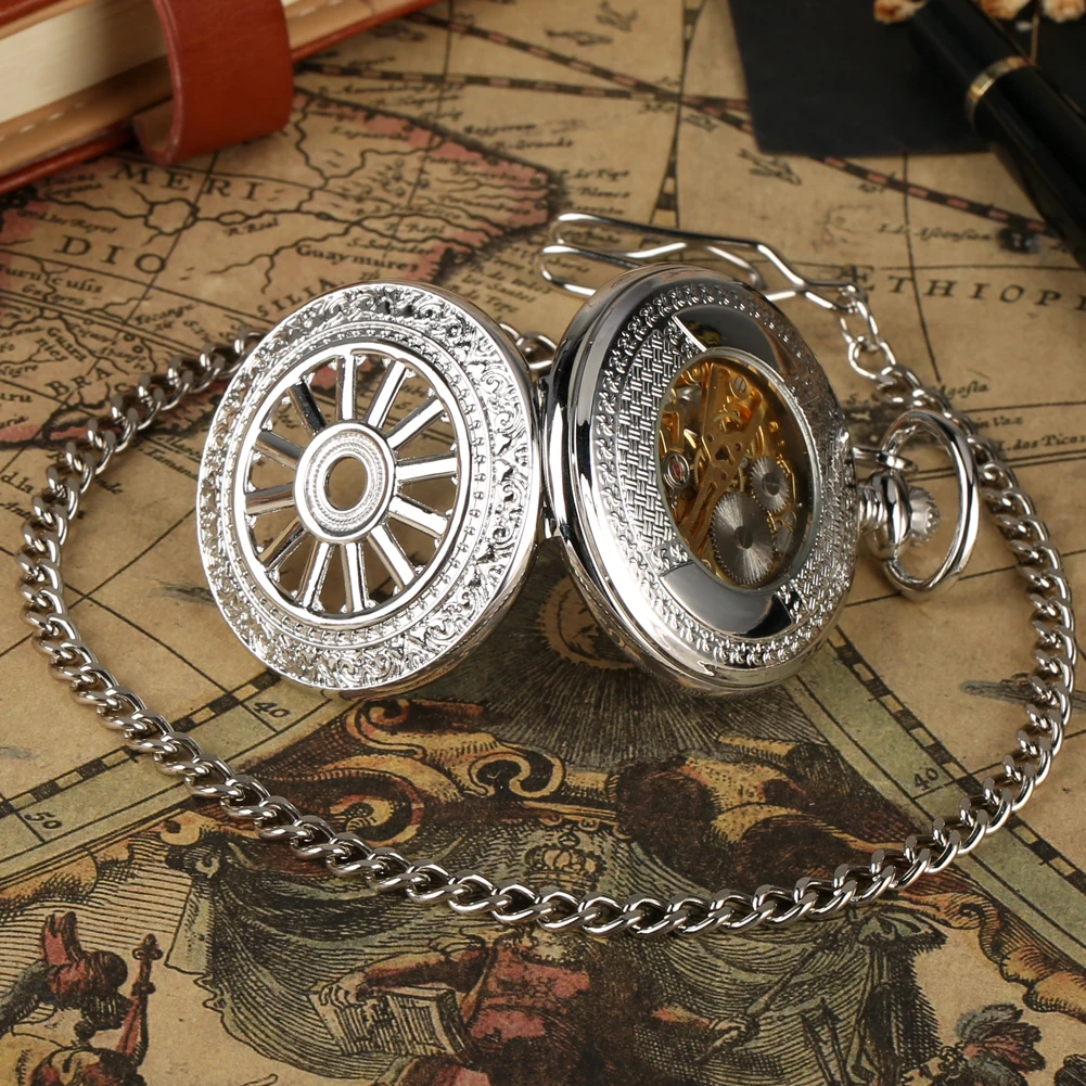 الأرقام الرومانية الهاتفي الجوف الفضة دليل ساعة الجيب الميكانيكية الرجعية Steampunk فوب سلسلة الميكانيكية اليد لف ساعة الجيب