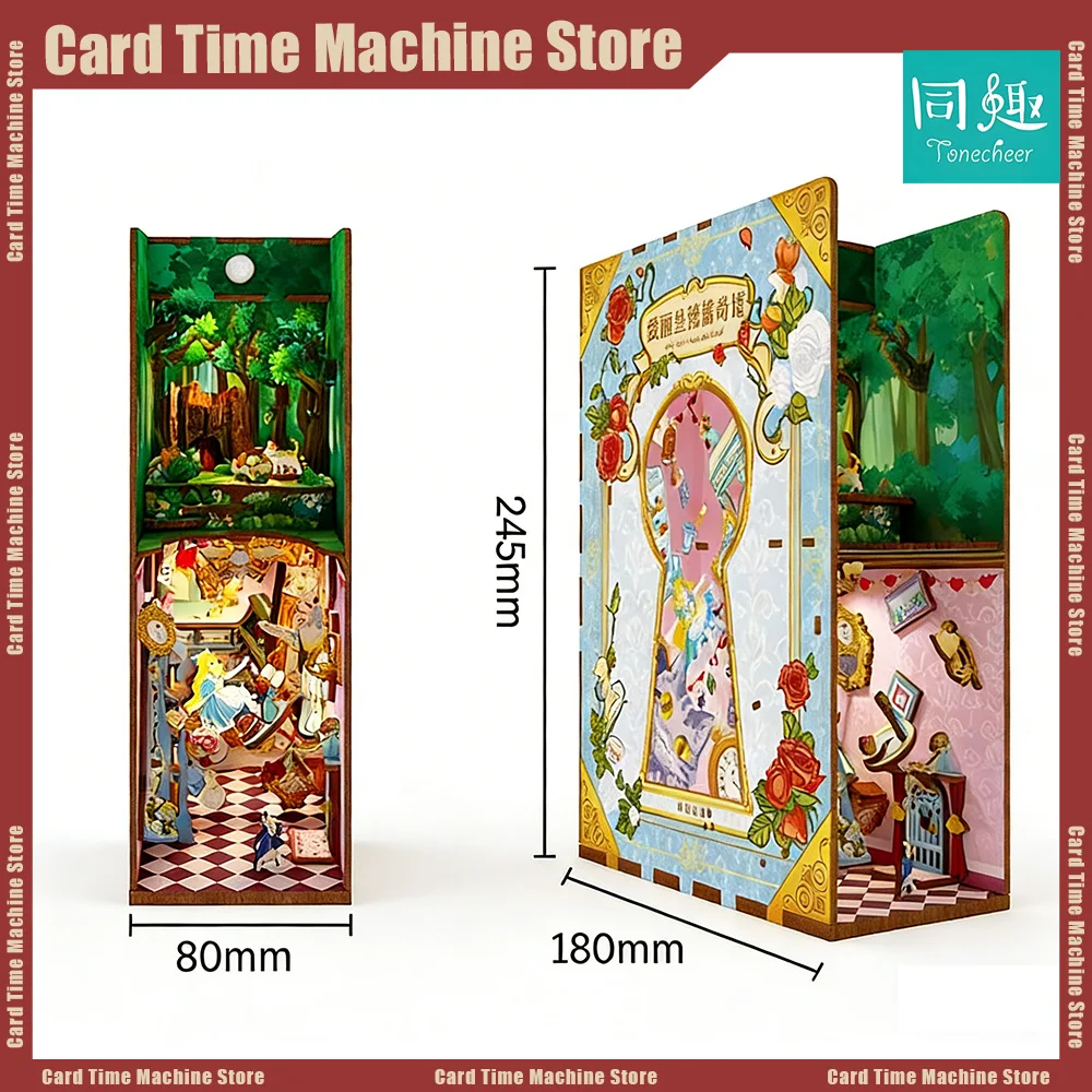 

Tonecheer Alice's Adventures in Wonderland Book Nook Dollhouse DIY Diorama Model Kit 3D Wooden Puzzle Wooden Bookend Decoration