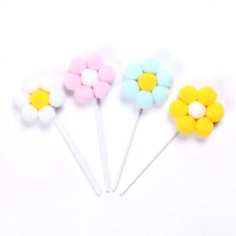 4pcs Colored Flowers Happy Birthday Cake Topper with wedding Cupcakes Dessert Decoration Baby Shower Hairball Baking Supplies