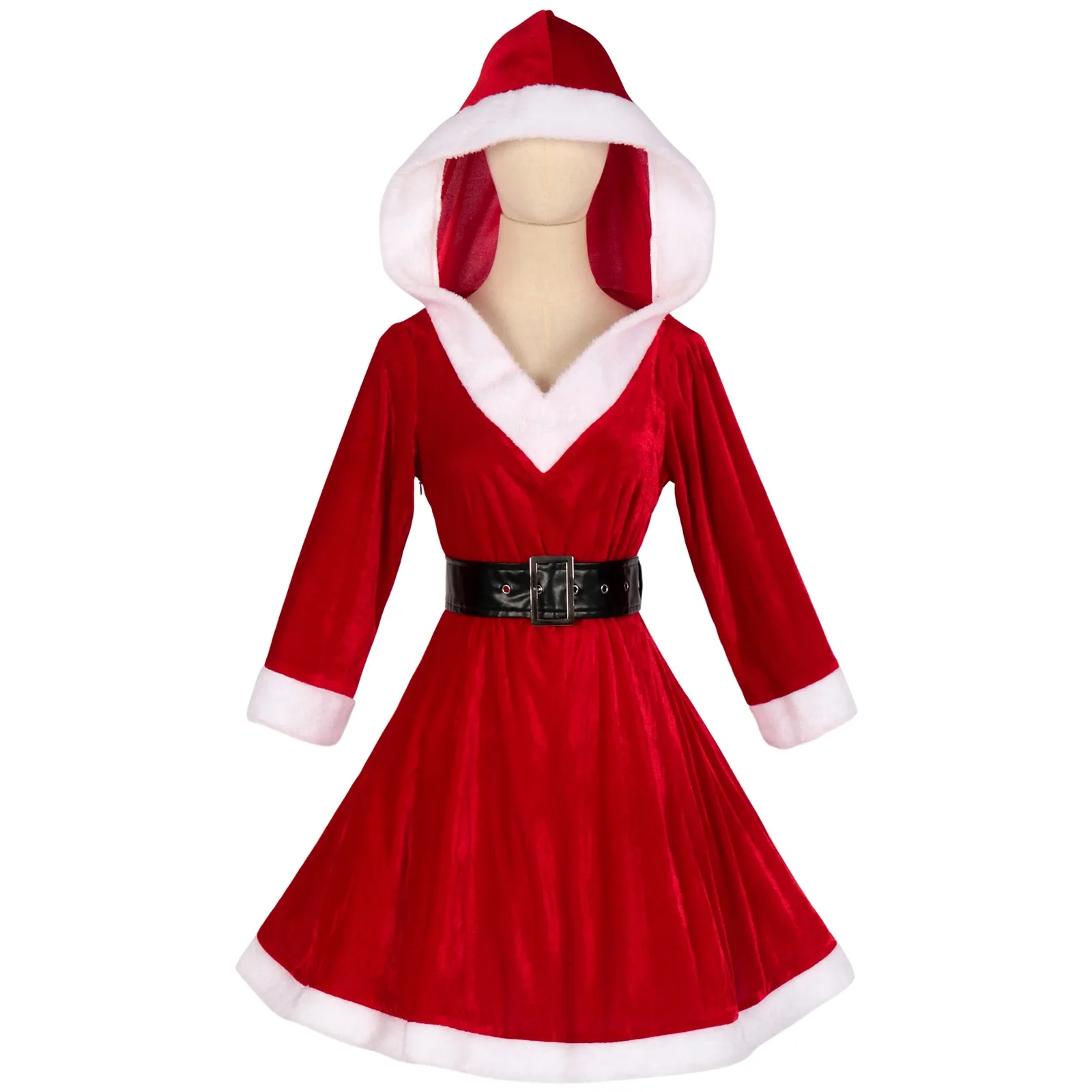 Christmas Dress Santa Claus Performance V-neck Dress Hooded With Belt Bodycon Mini Dress Skirt Red Women Clothing Party Vestidos