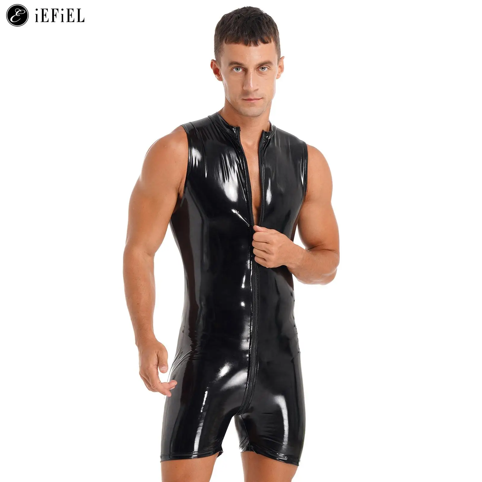 

Men's One Piece Wet Look PVC Leather Zipper Sleeveless Jumpsuit Latex Leotard Bodysuit Romper Clubwear Wrestling Singlet