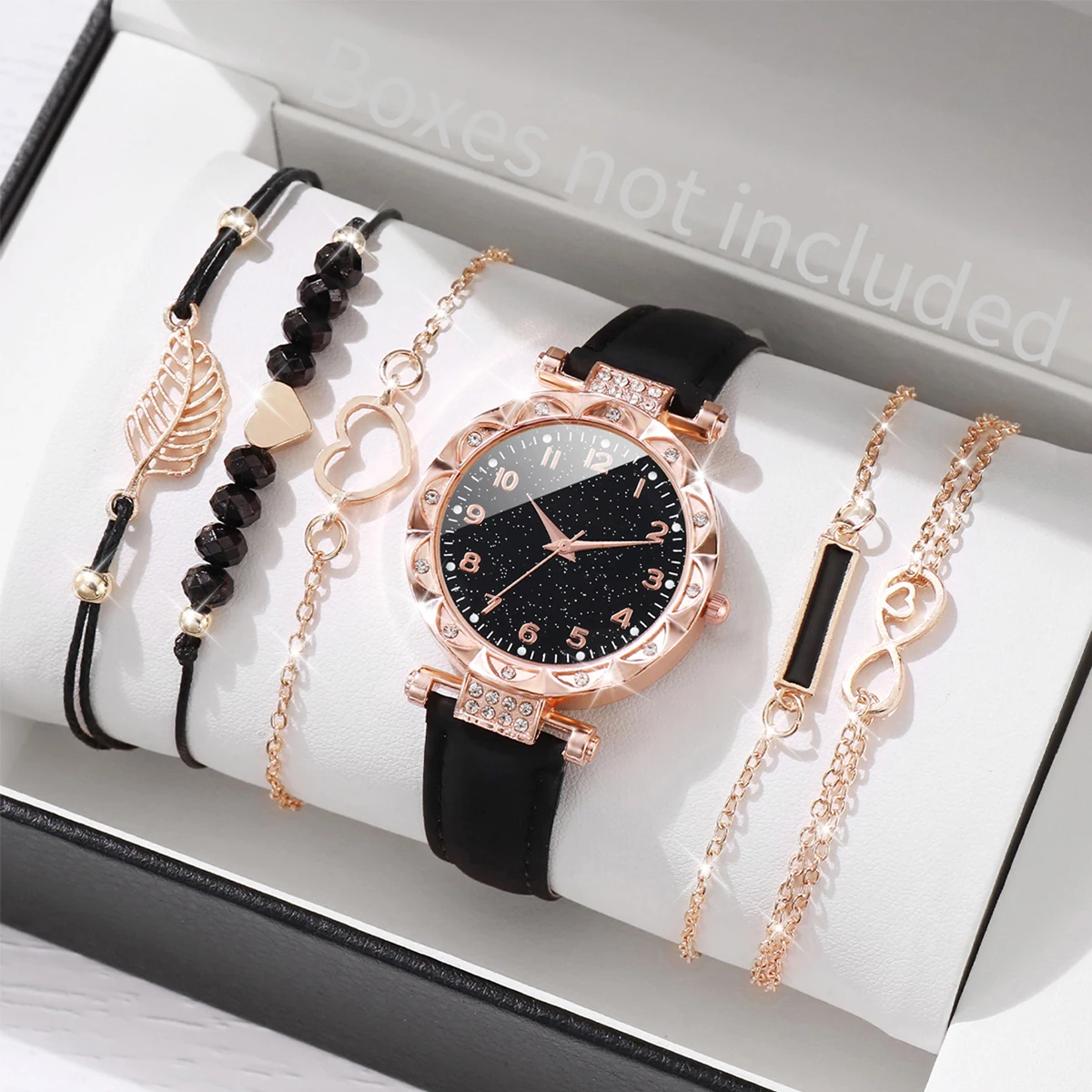 6PCS/Set Fashion Starry Sky Women Quartz Watch Heart Leaf Bracelets Set Ladies Casual Leather Band Wristwatch（Without Box）