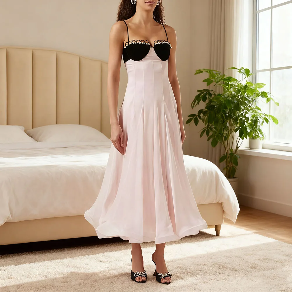 

Spaghetti Strap Evening Dresses For Sexy Women Crystal-Trim Midi Dress A-Line فساتين سهرة Cocktail Party Gowns