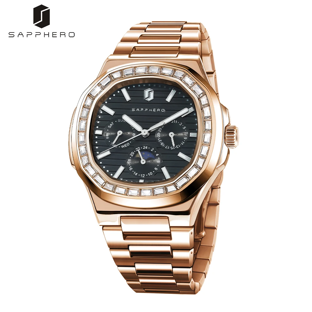 2024 New SAPPHERO Square Watch for Men Luxury Diamond Wristwatch waterproof   Date Clock Stainless Steel Quartz Mens Watches