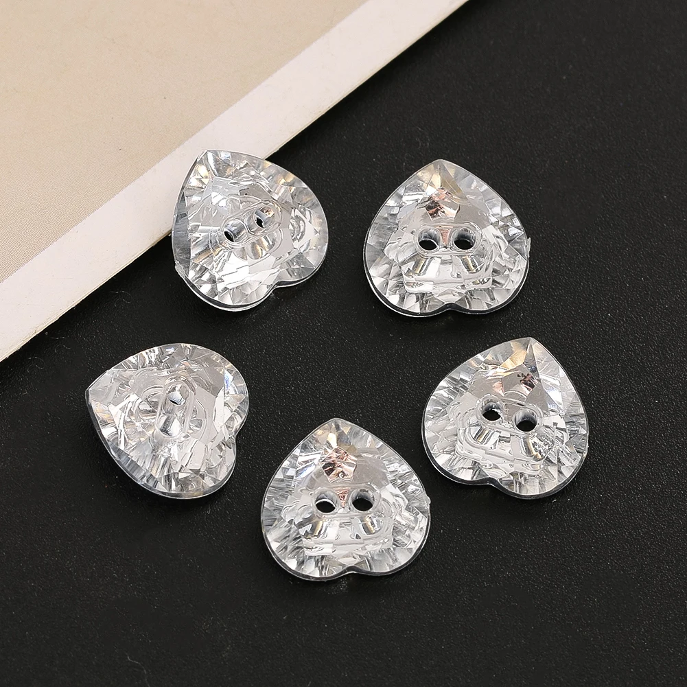 6pcs15mm AB Silver Crystal Heart Buttons 2 Holes Glass Prism Faceted Clothing Decoration Crafts DIY Handmade Sewing Clothes