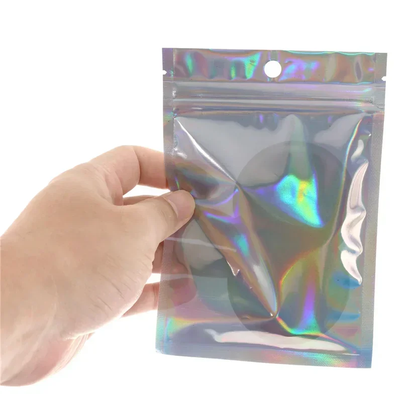 Plástico iridescente Zip Lock Bags, Bolsas Cosméticas, Sacos de Maquiagem Holográfica, Laser Hologram Bag, Zipper Bag, 100Pcs