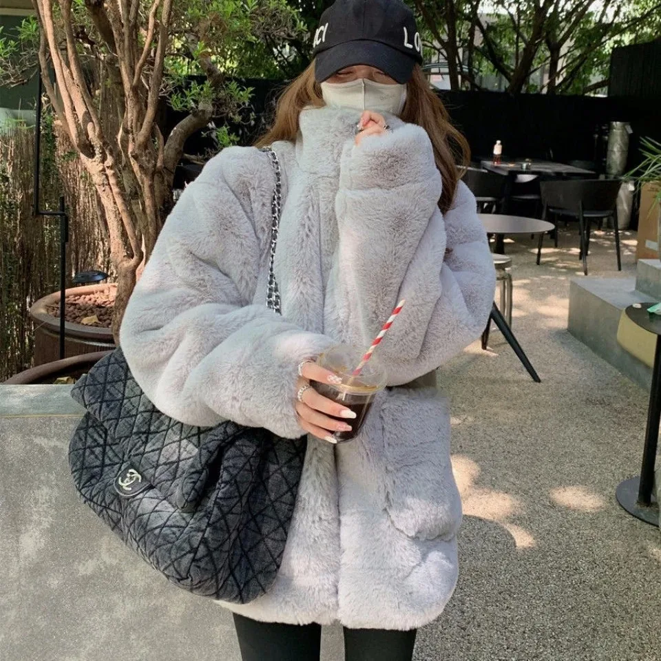 Women\'s Faux Fur Coat Woman Fleece Fuzzy Hooded Fluffy Shaggy Shearling Jacket Loose Overcoat Winter Outer Wear Surcoat Wrap